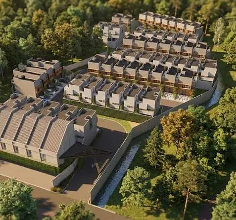 Tampak atas kawasan Well Tree Residence dengan deretan rumah dan pepohonan di Depok