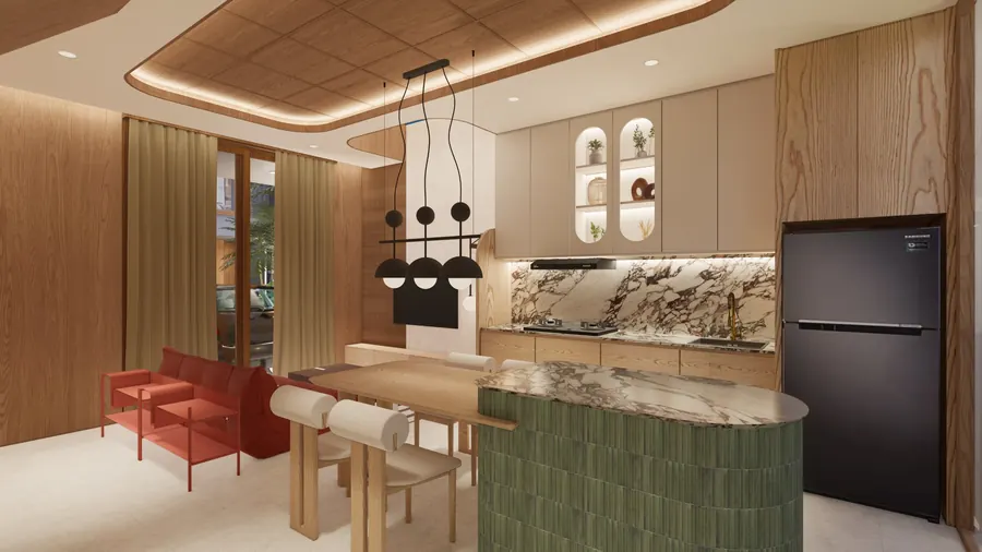 Ilustrasi ruang makan dan dapur dengan island rumah Well Tree Residence
