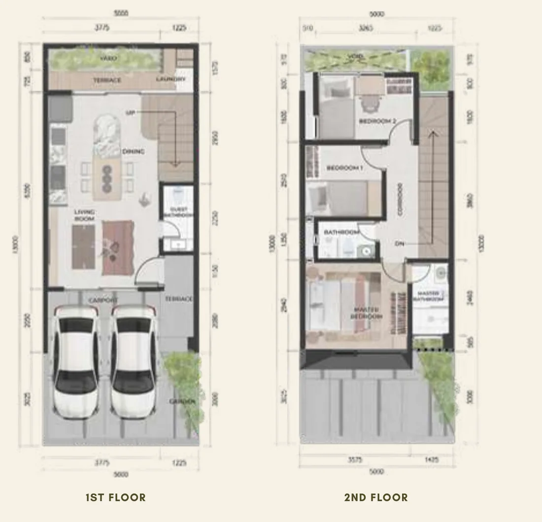 Denah rumah Tipe 5 Well Tree Residence lantai 1 dan lantai 2