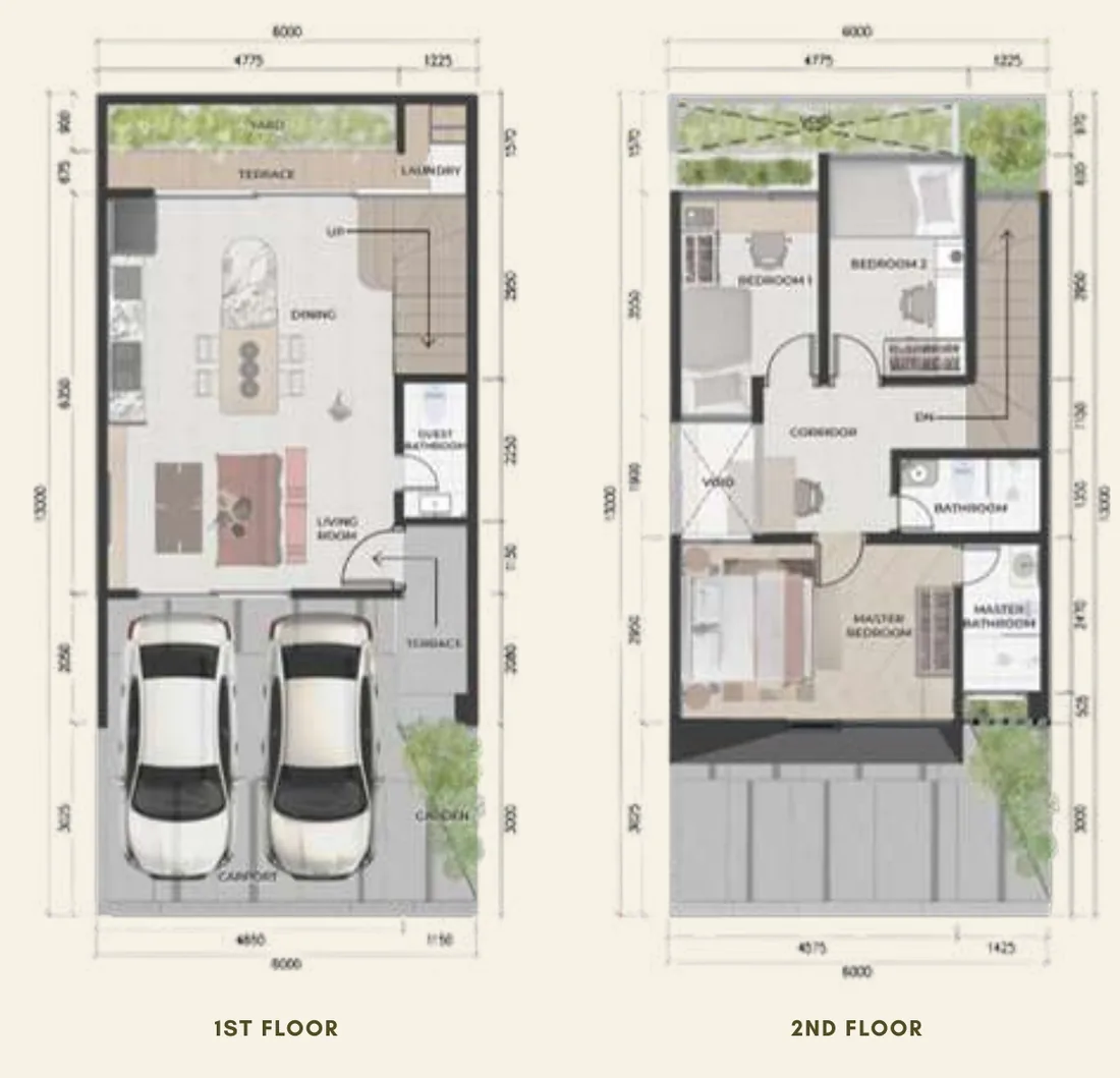 Denah rumah Tipe 6 Well Tree Residence lantai 1 dan lantai 2