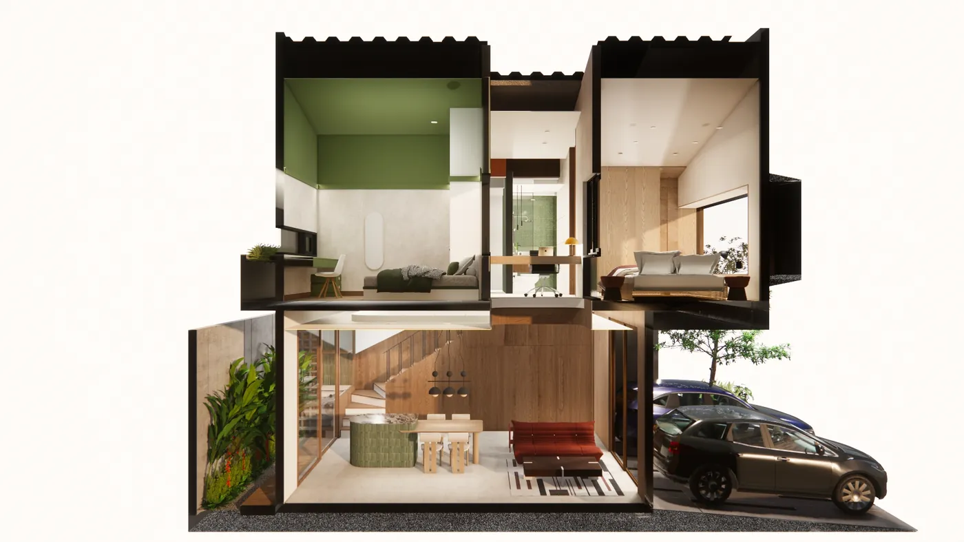Ilustrasi potongan rumah Well Tree Residence: ruang keluarga, ruang makan, dan dapur di lantai 1, kamar tidur di lantai 2, carport di depan