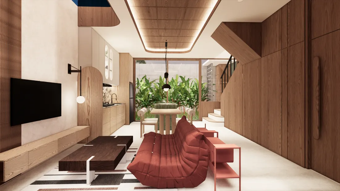 Ilustrasi interior ruang keluarga rumah Well Tree Residence dengan taman belakang