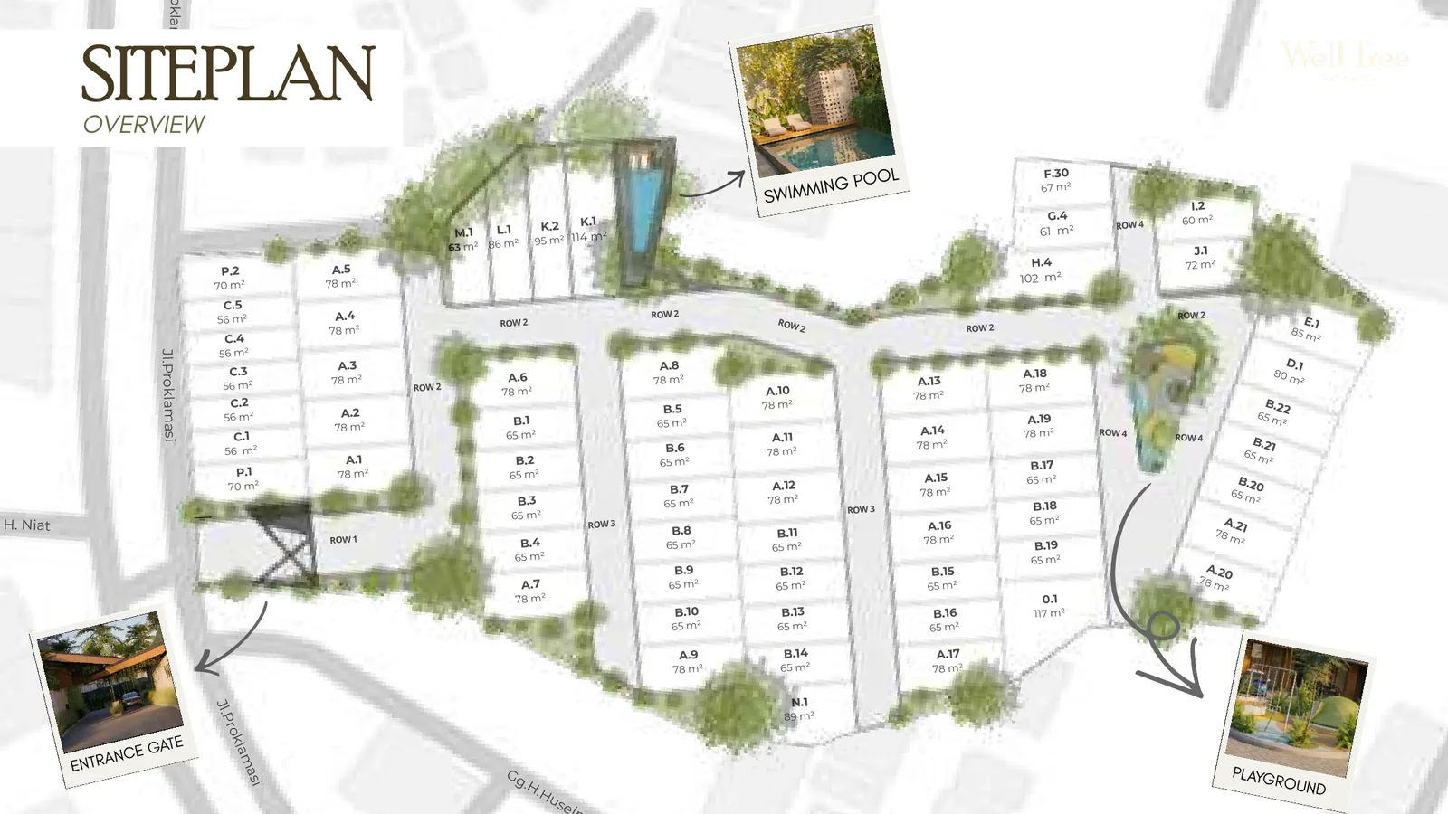Siteplan Well Tree Residence Jl. Proklamasi Depok: kavling, kolam renang, taman bermain, dan gerbang utama