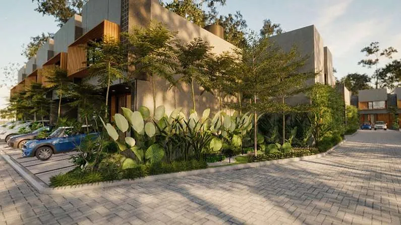 Ilustrasi taman dan jalan lingkungan berpaving di Well Tree Residence